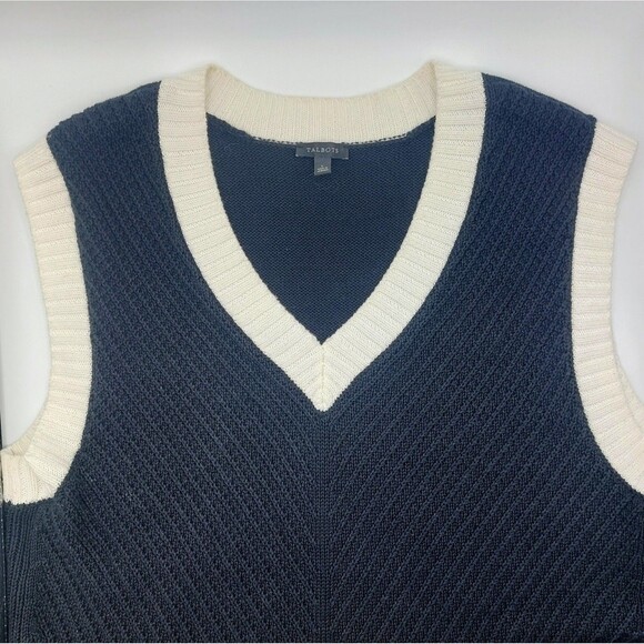 Talbots Jackets & Blazers - Talbots Linen Blend Sweater Vest Women's Size Large Black Cream Trim Tight Knit